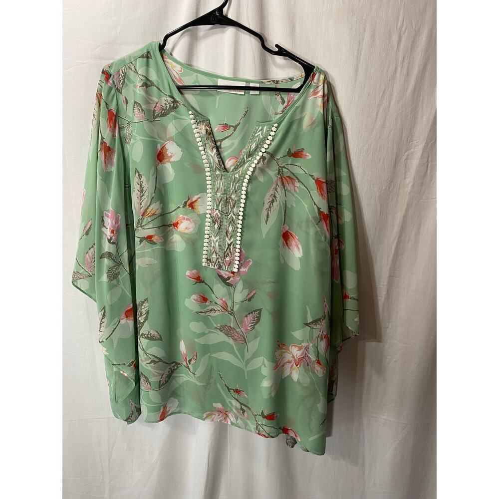 Belle Kim Gravel Floral Asymmetrical Bell Sleeve Embroidered V-neck Blouse 2X